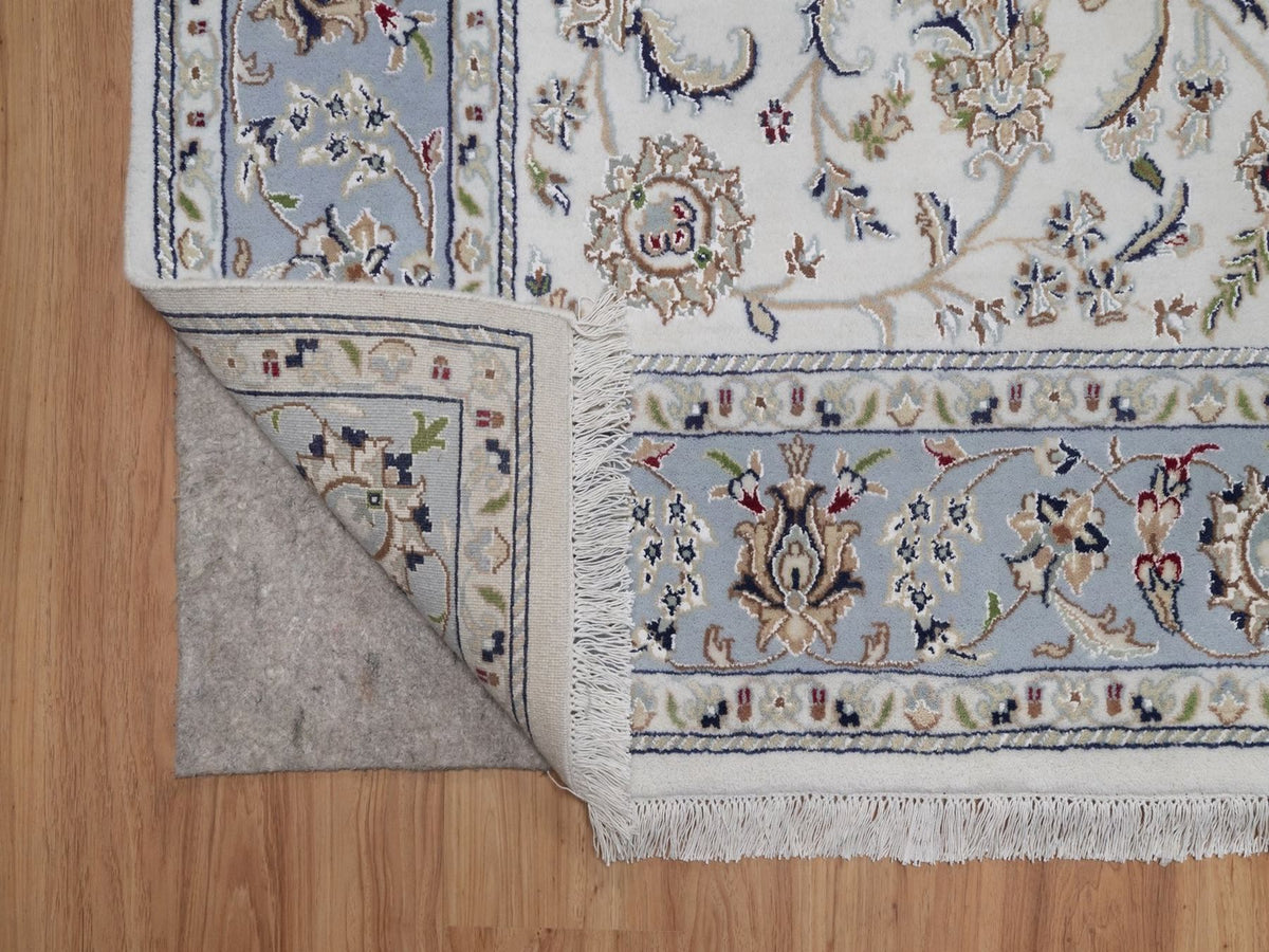 Nain Fine Oriental hand-knotted wool/silk rug in Ivory & Light Blue, 6' x 9'4" — SKU O092492 (view 4)