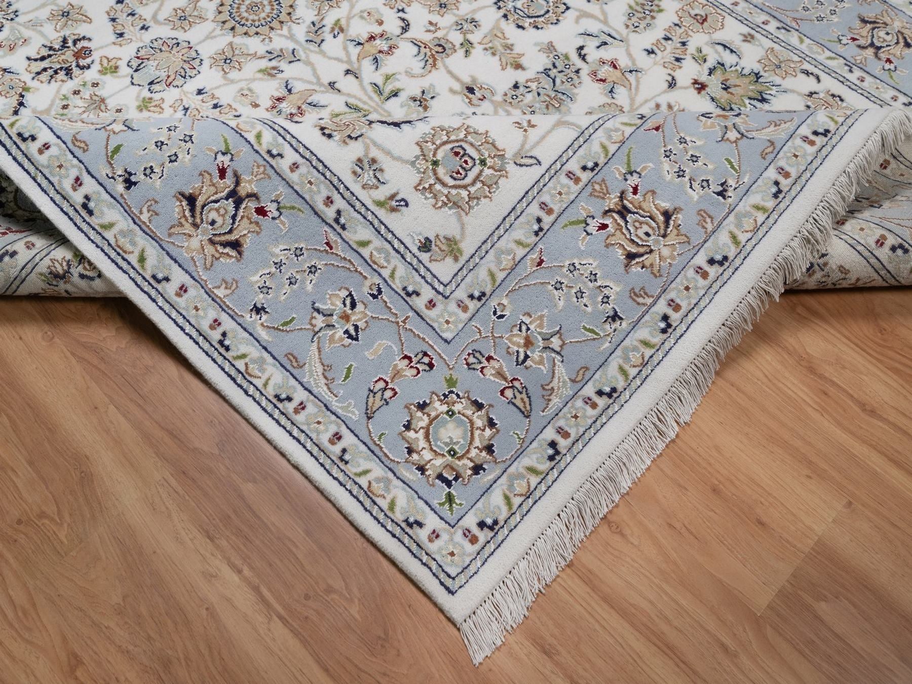 Nain Fine Oriental hand-knotted wool/silk rug in Ivory & Light Blue, 6' x 9'4" — SKU O092492 (view 6)