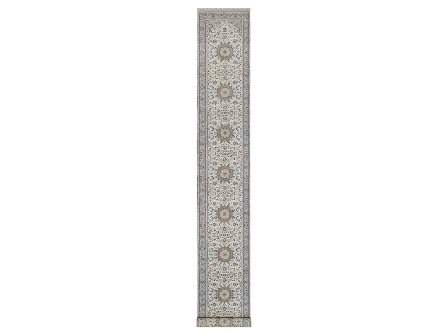 Nain Fine Oriental hand-knotted wool/silk runner in Ivory & Light Blue, 2'8" x 18'5" — SKU O092496