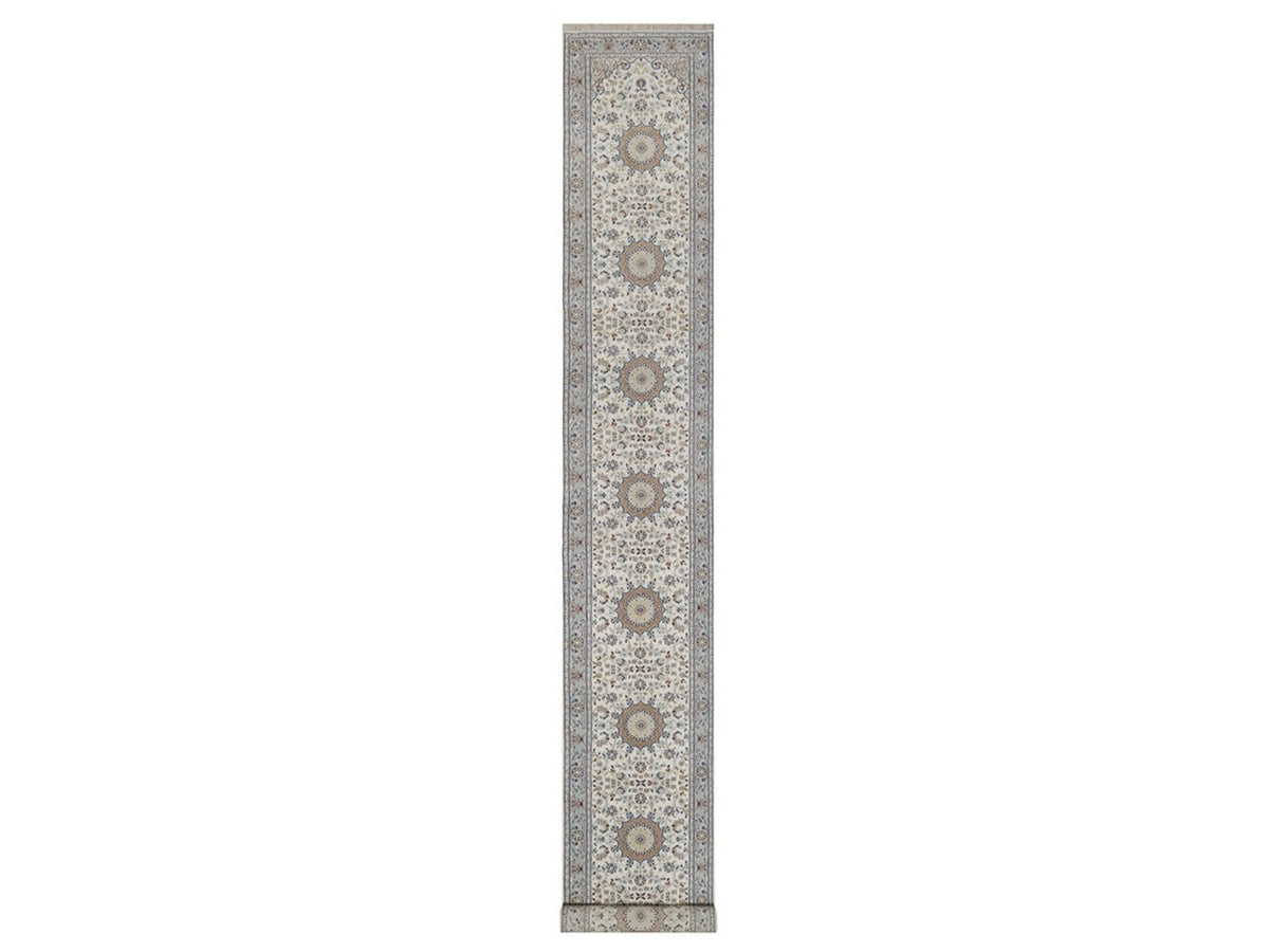 Nain Fine Oriental hand-knotted wool/silk runner in Ivory & Light Blue, 2'8" x 18'5" — SKU O092496