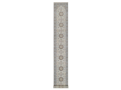 Nain Fine Oriental hand-knotted wool/silk runner in Ivory & Light Blue, 2'8" x 18'5" — SKU O092496