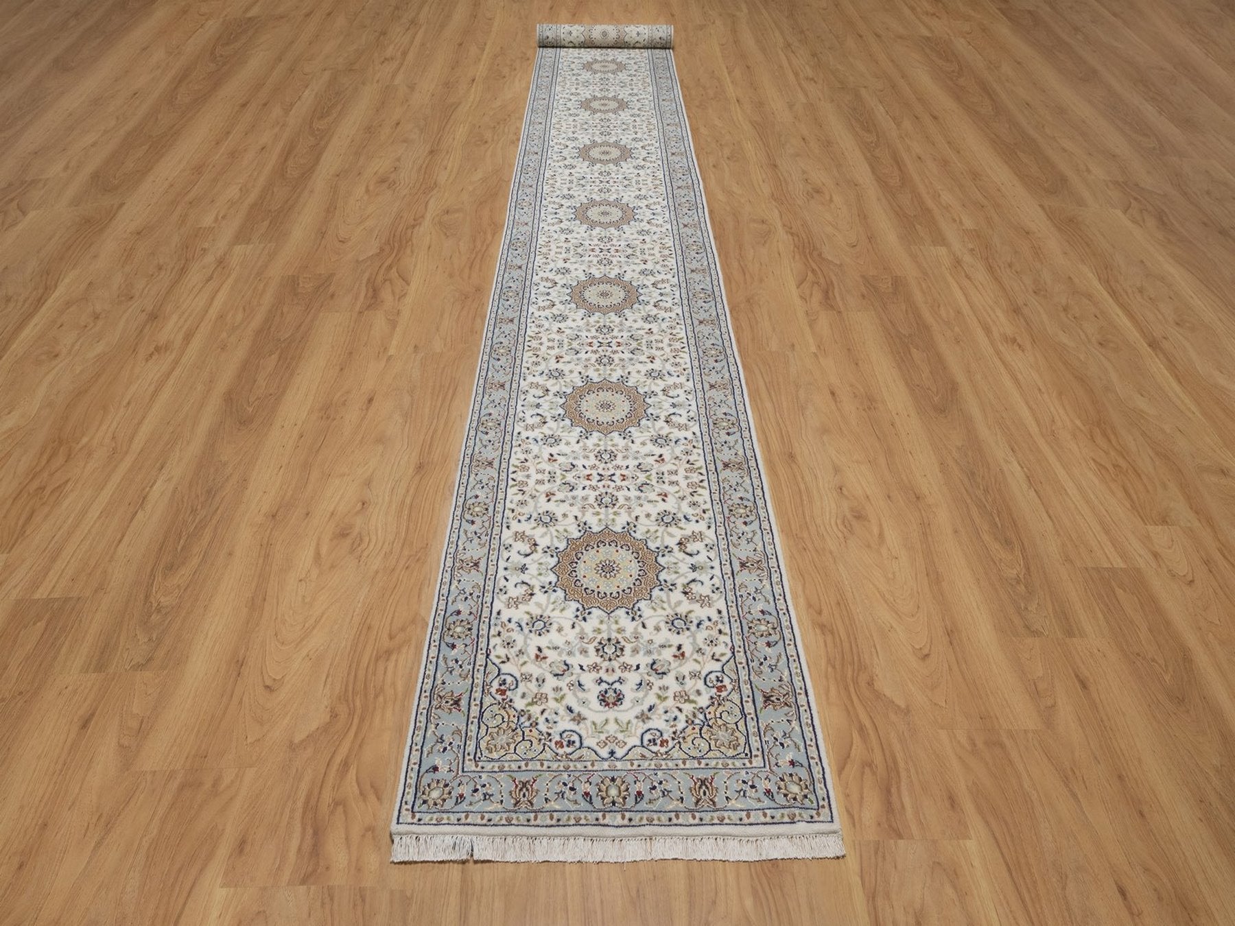 Nain Fine Oriental hand-knotted wool/silk runner in Ivory & Light Blue, 2'8" x 18'5" — SKU O092496 (view 2)