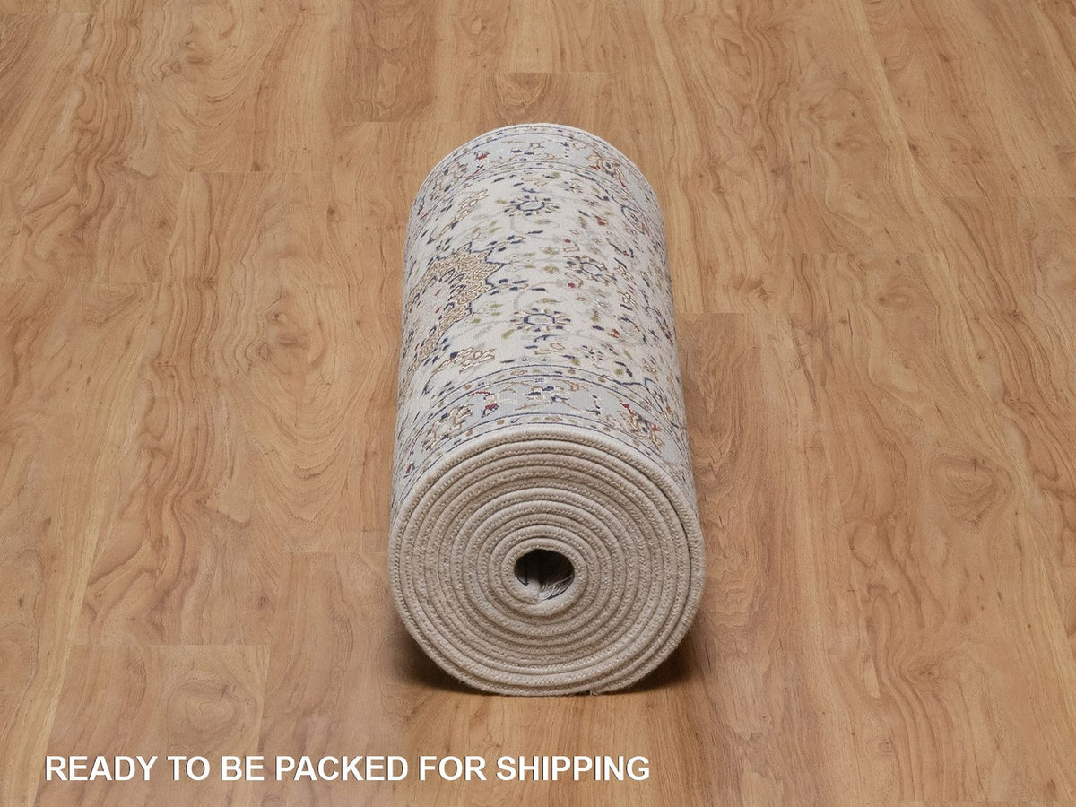 Nain Fine Oriental hand-knotted wool/silk runner in Ivory & Light Blue, 2'8" x 18'5" — SKU O092496 (view 6)