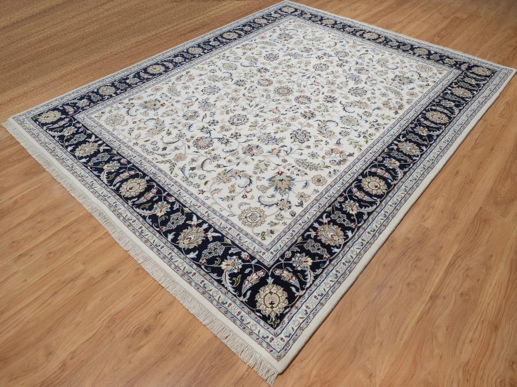Nain Fine Oriental hand-knotted wool/silk rug in Ivory & Midnight Blue, 8'1" x 10'4" — SKU O092498 (view 3)