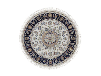 Nain Fine Oriental hand-knotted wool/silk rug in Ivory & Midnight Blue, 4'2" x 4'2" — SKU O092506