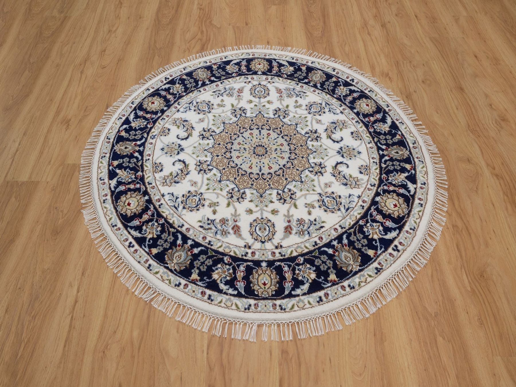 Nain Fine Oriental hand-knotted wool/silk rug in Ivory & Midnight Blue, 4'2" x 4'2" — SKU O092506 (view 2)