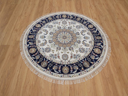 Nain Fine Oriental hand-knotted wool/silk rug in Ivory & Midnight Blue, 4'2" x 4'2" — SKU O092506 (view 2)