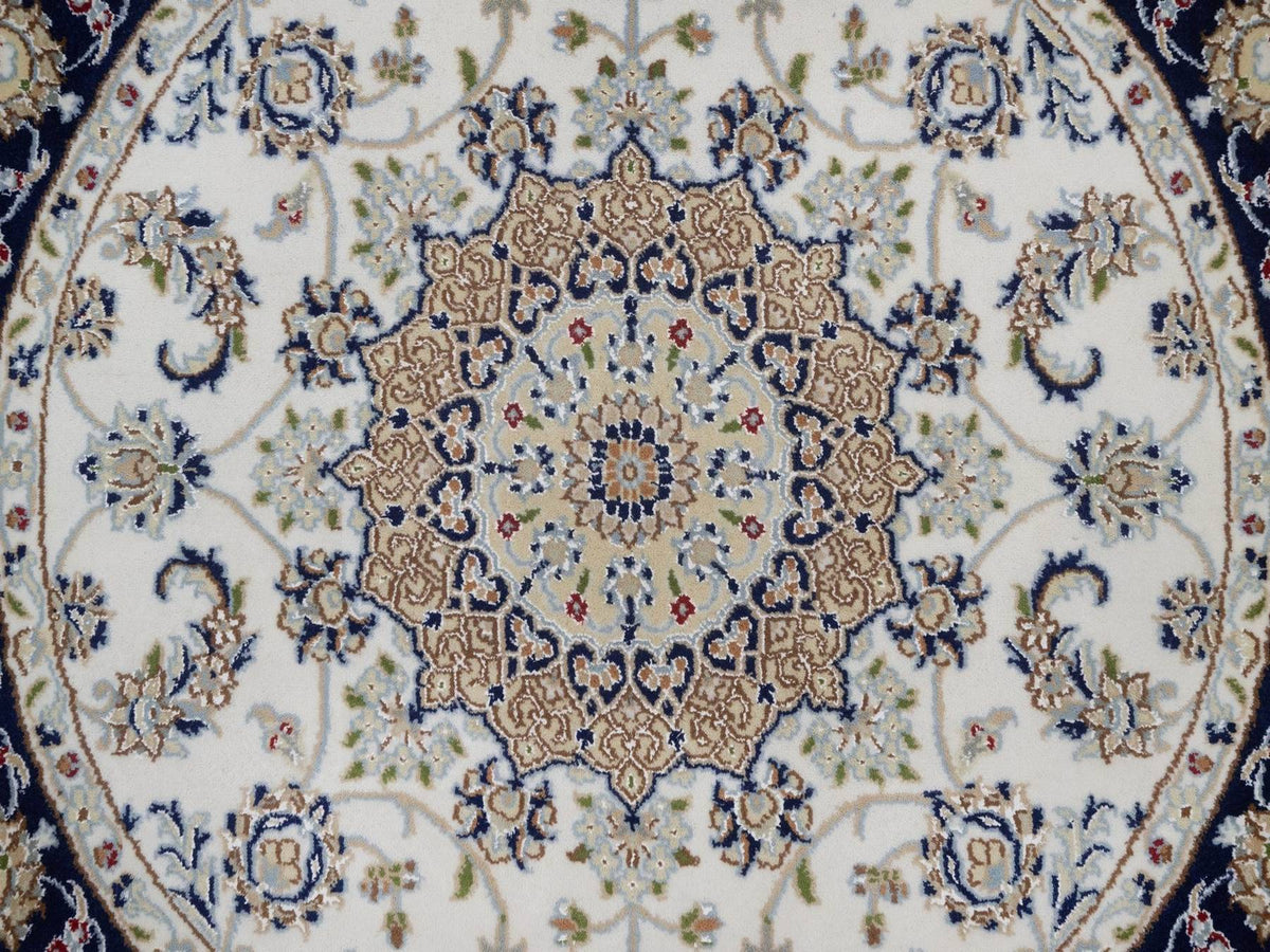 Nain Fine Oriental hand-knotted wool/silk rug in Ivory & Midnight Blue, 4'2" x 4'2" — SKU O092506 (view 5)