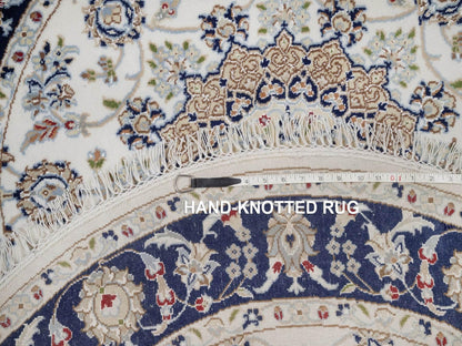 Nain Fine Oriental hand-knotted wool/silk rug in Ivory & Midnight Blue, 4'2" x 4'2" — SKU O092506 (view 8)