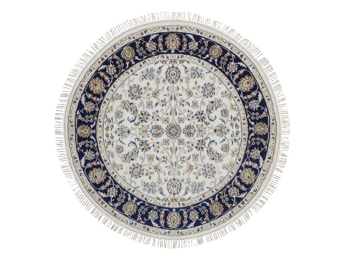Nain Fine Oriental hand-knotted wool/silk rug in Ivory & Midnight Blue, 4'3" x 4'3" — SKU O092508