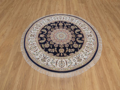 Blue 5'1" x 5'2" Fine Oriental Hand knotted Wool/Silk Rug - Sku: O092515