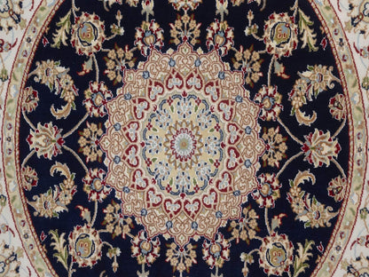 Blue 5'1" x 5'2" Fine Oriental Hand knotted Wool/Silk Rug - Sku: O092515
