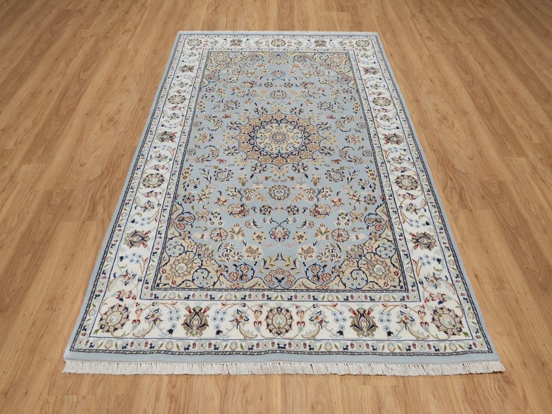 Blue 5'0" x 8'3" Fine Oriental Hand knotted Wool/Silk Rug - Sku: O092524