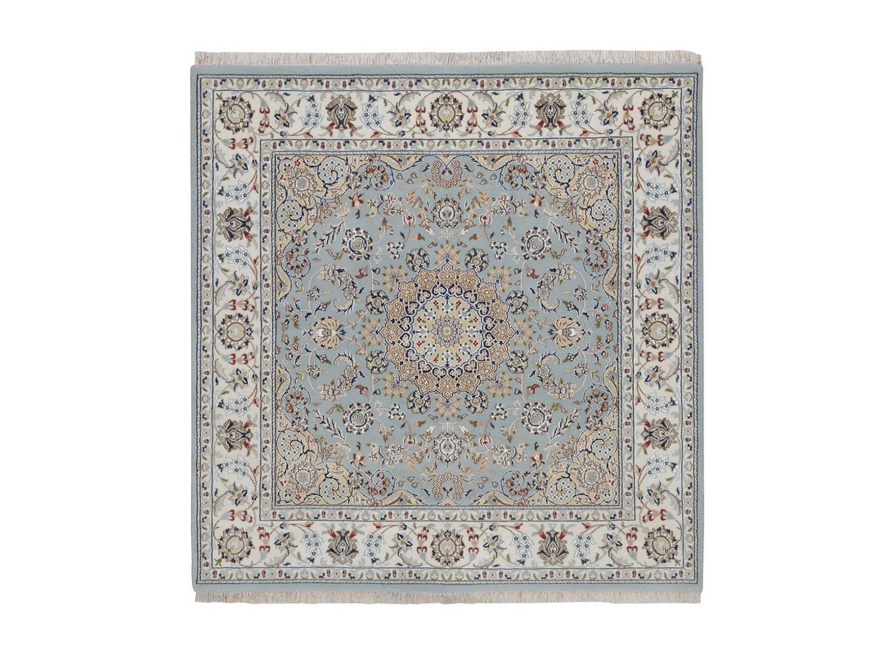 Blue 5'10" x 6'0" Fine Oriental Hand knotted Wool/Silk Rug - Sku: O092525