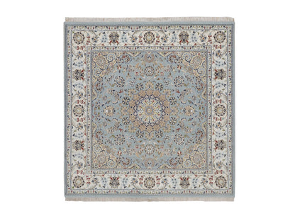 Blue 5'10" x 6'0" Fine Oriental Hand knotted Wool/Silk Rug - Sku: O092525