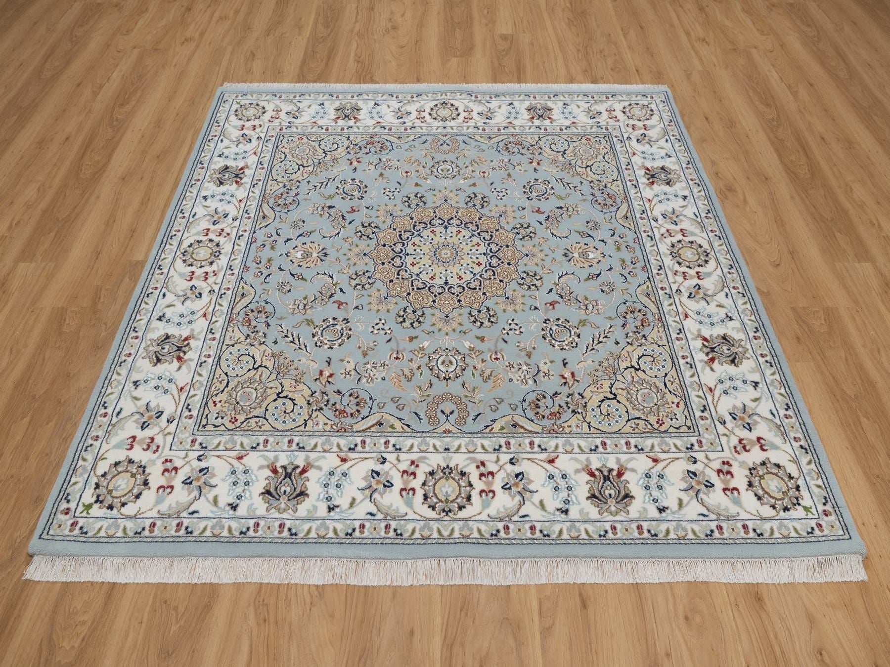 Blue 5'10" x 6'0" Fine Oriental Hand knotted Wool/Silk Rug - Sku: O092525