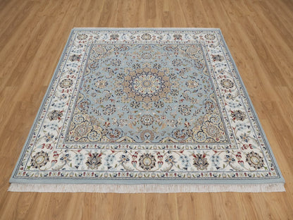 Blue 5'10" x 6'0" Fine Oriental Hand knotted Wool/Silk Rug - Sku: O092525