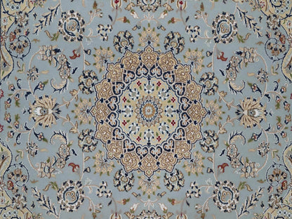 Blue 5'10" x 6'0" Fine Oriental Hand knotted Wool/Silk Rug - Sku: O092525