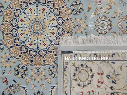 Blue 5'10" x 6'0" Fine Oriental Hand knotted Wool/Silk Rug - Sku: O092525