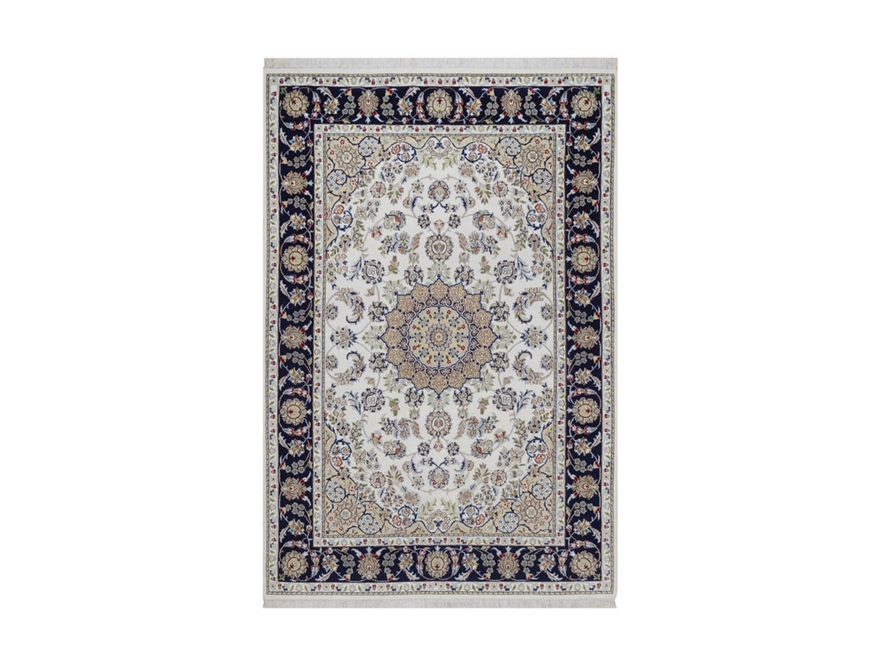 Nain Fine Oriental hand-knotted wool/silk rug in Ivory & Midnight Blue, 2'2" x 3'2" — SKU O092532