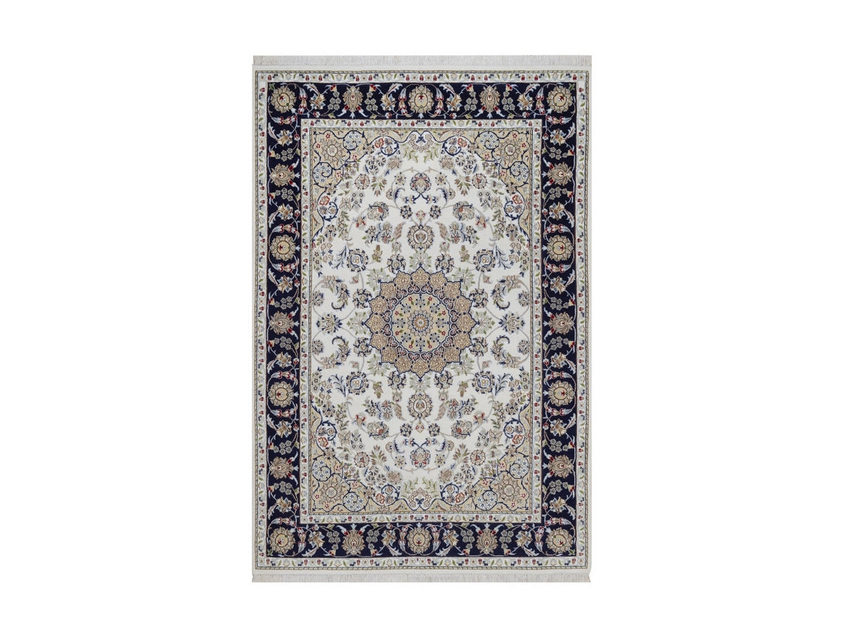 Nain Fine Oriental hand-knotted wool/silk rug in Ivory & Midnight Blue, 2'2" x 3'2" — SKU O092532