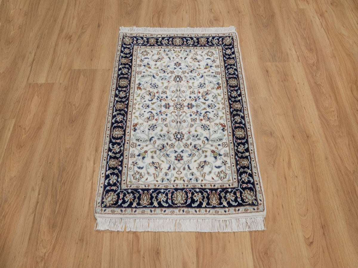 Nain Fine Oriental hand-knotted wool/silk rug in Ivory & Midnight Blue, 2'2" x 3'2" — SKU O092532 (view 2)