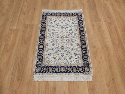 Nain Fine Oriental hand-knotted wool/silk rug in Ivory & Midnight Blue, 2'2" x 3'2" — SKU O092532 (view 2)
