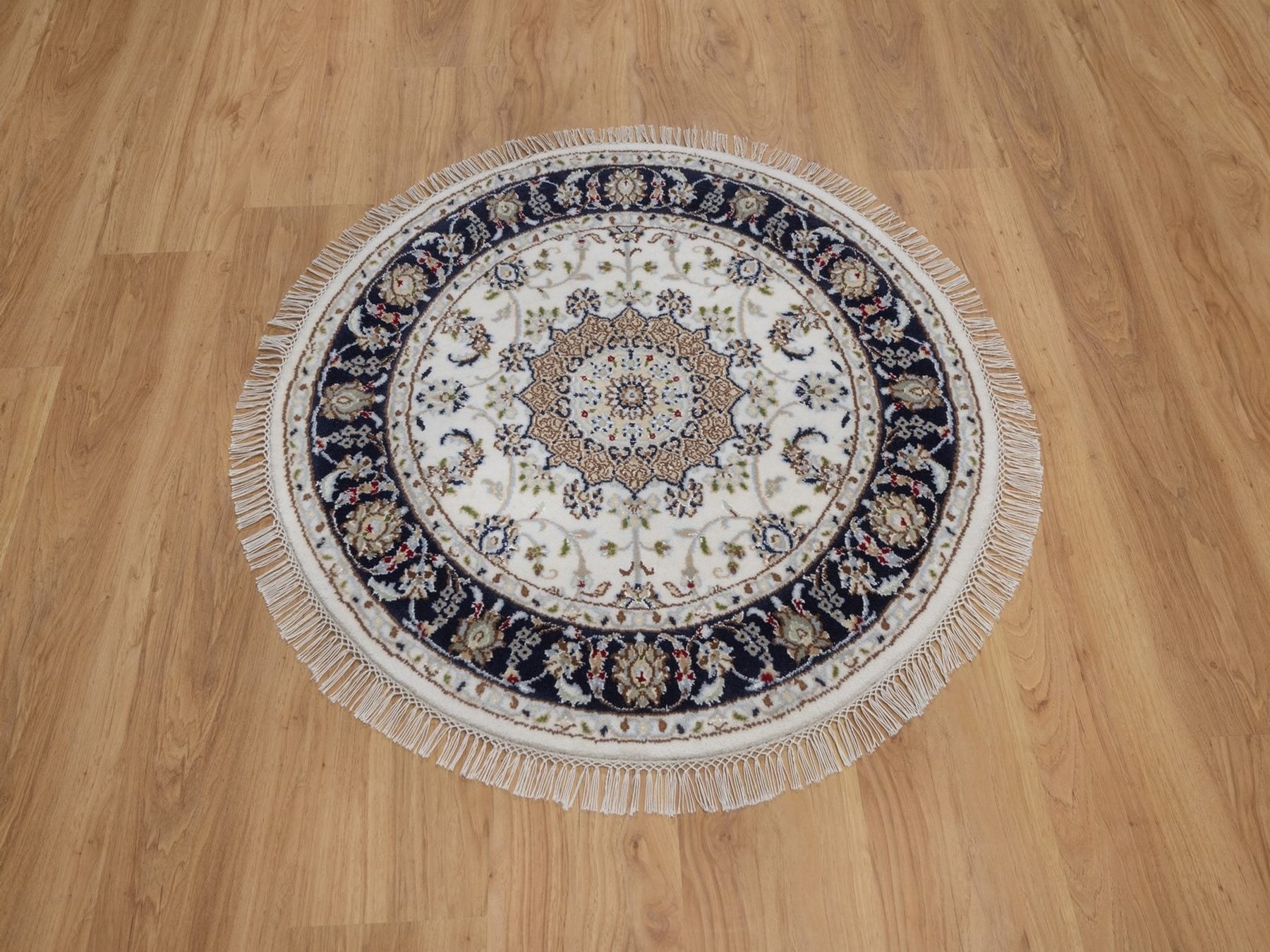 Nain Fine Oriental hand-knotted wool/silk rug in Ivory & Midnight Blue, 3'1" x 3'1" — SKU O092536 (view 2)