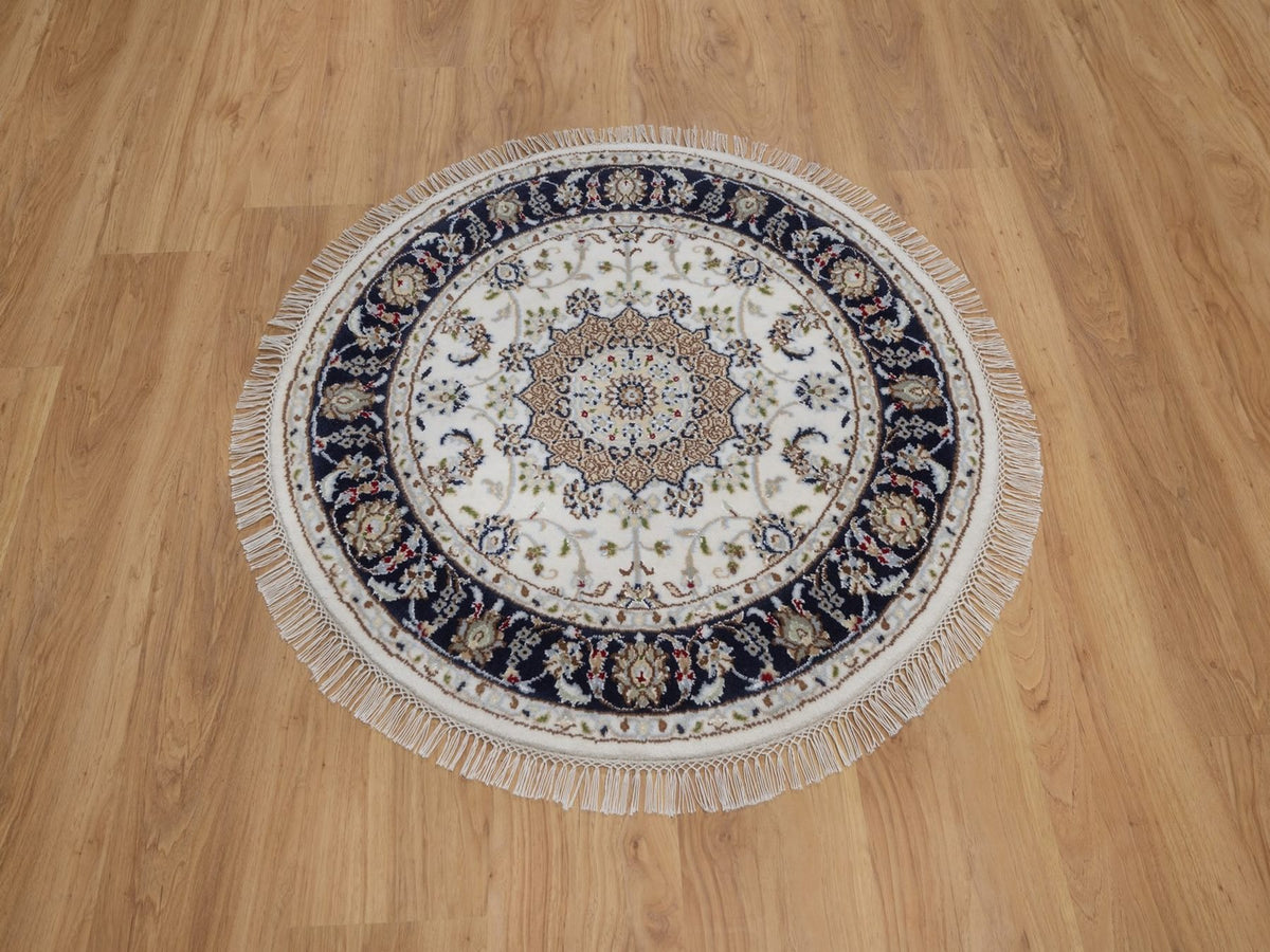 Nain Fine Oriental hand-knotted wool/silk rug in Ivory & Midnight Blue, 3'1" x 3'1" — SKU O092536 (view 2)