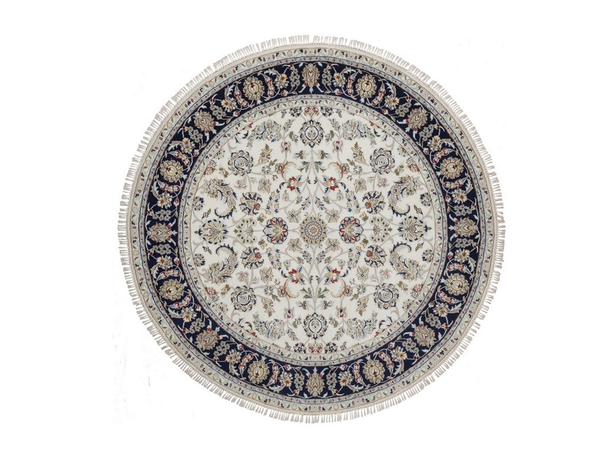 Nain Fine Oriental hand-knotted wool/silk rug in Ivory & Midnight Blue, 6'1" x 6'1" — SKU O092540