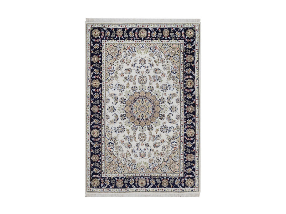 Nain Fine Oriental hand-knotted wool/silk rug in Ivory & Midnight Blue, 5'6" x 8'4" — SKU O092541