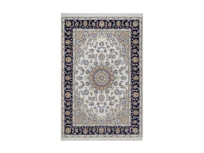 Nain Fine Oriental hand-knotted wool/silk rug in Ivory & Midnight Blue, 5'6" x 8'4" — SKU O092541