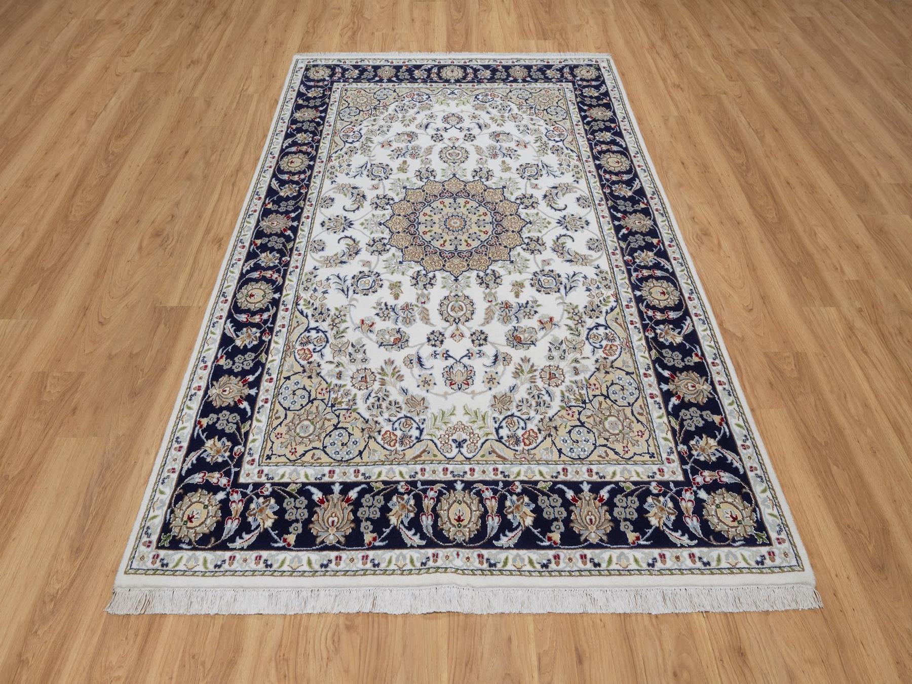 Nain Fine Oriental hand-knotted wool/silk rug in Ivory & Midnight Blue, 5'6" x 8'4" — SKU O092541 (view 2)