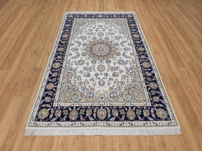 Nain Fine Oriental hand-knotted wool/silk rug in Ivory & Midnight Blue, 5'6" x 8'4" — SKU O092541 (view 2)