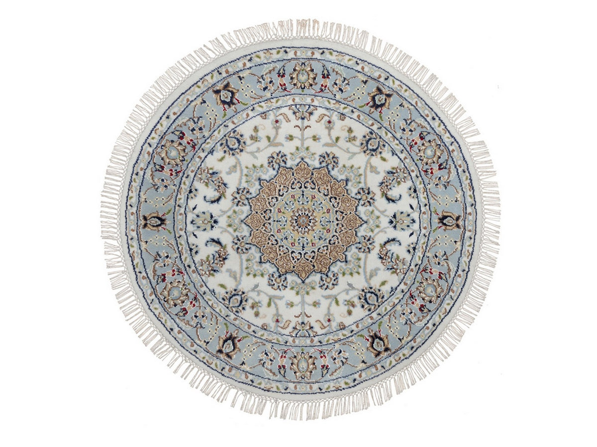 Nain Fine Oriental hand-knotted wool/silk rug in Ivory & Light Blue, 3'3" x 3'3" — SKU O092546