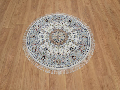 Nain Fine Oriental hand-knotted wool/silk rug in Ivory & Light Blue, 3'3" x 3'3" — SKU O092546 (view 2)