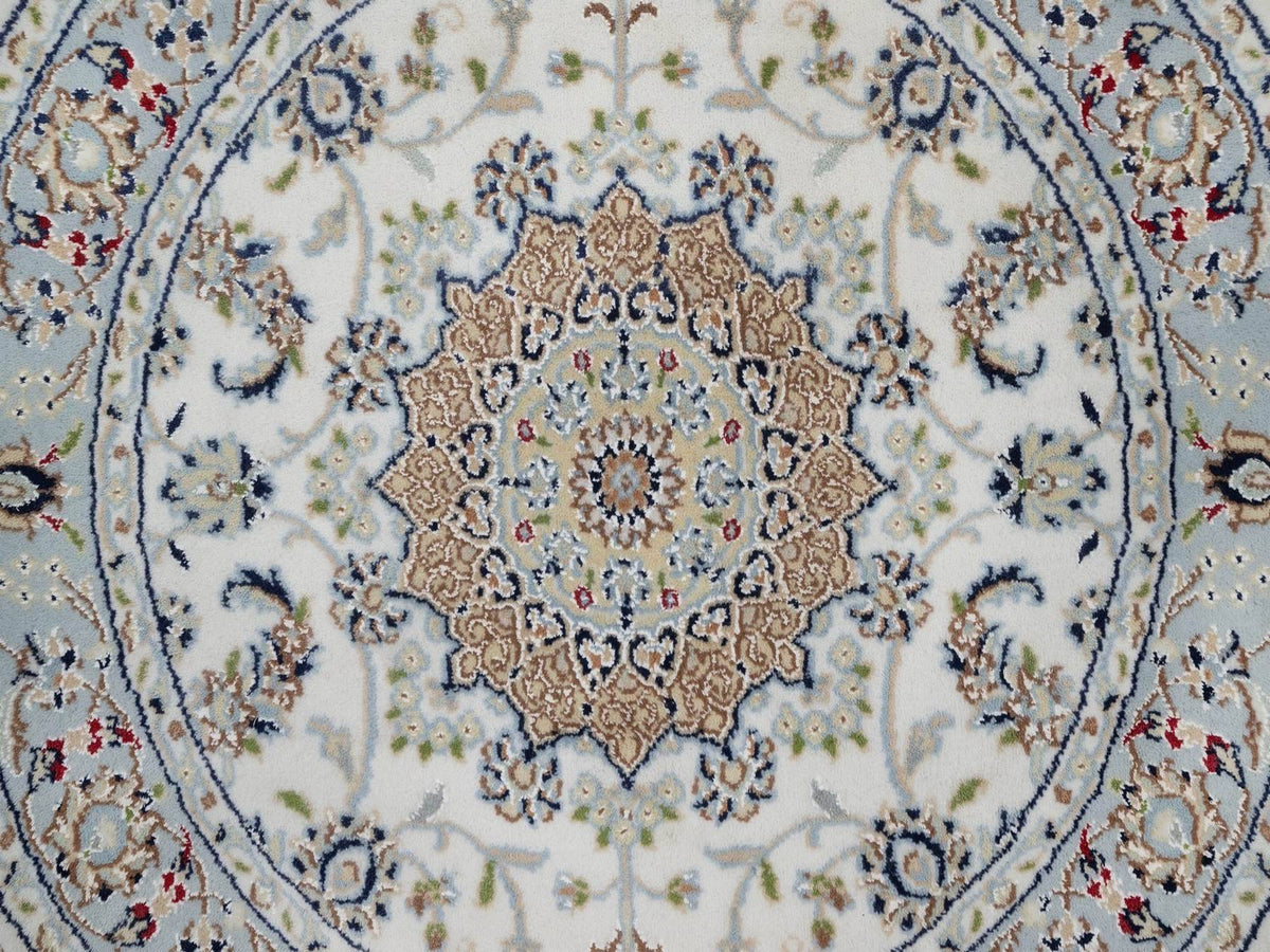 Nain Fine Oriental hand-knotted wool/silk rug in Ivory & Light Blue, 3'3" x 3'3" — SKU O092546 (view 5)