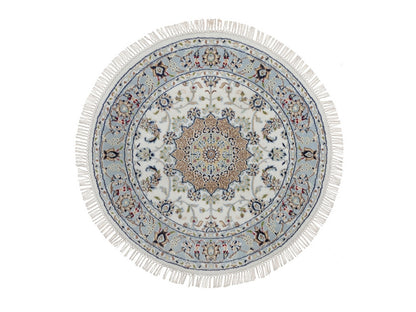 Nain Fine Oriental hand-knotted wool/silk rug in Ivory & Light Blue, 3'2" x 3'2" — SKU O092547