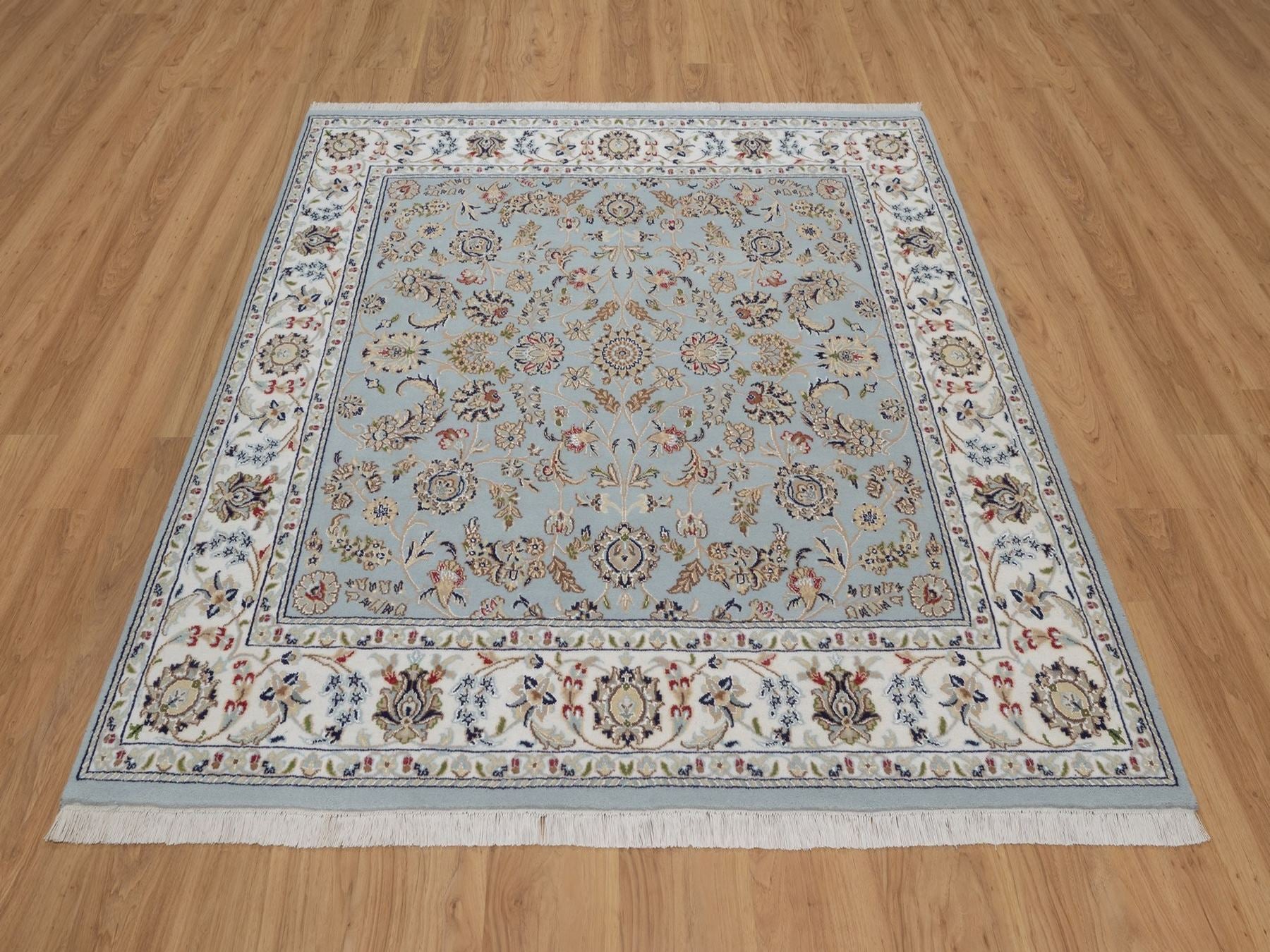 Blue 5'10" x 6'1" Fine Oriental Hand knotted Wool/Silk Rug - Sku: O092549