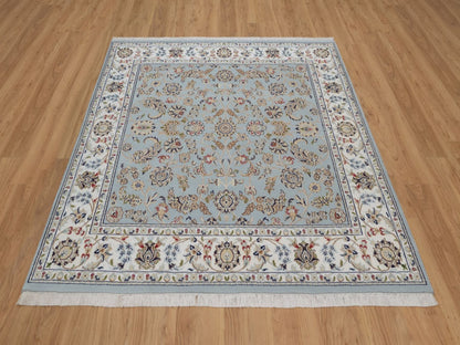 Blue 5'10" x 6'1" Fine Oriental Hand knotted Wool/Silk Rug - Sku: O092549
