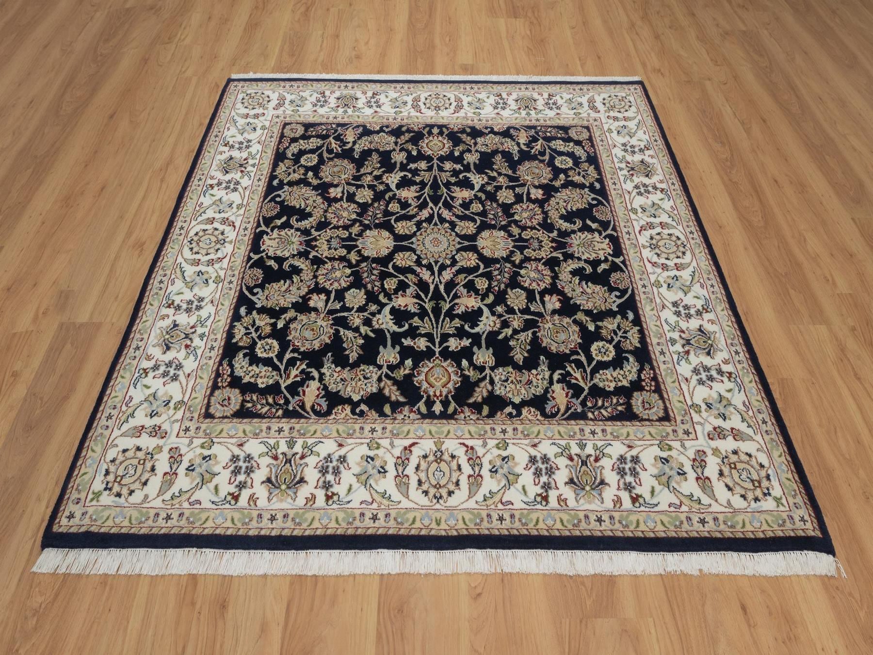 Blue 6'0" x 6'2" Fine Oriental Hand knotted Wool/Silk Rug - Sku: O092550