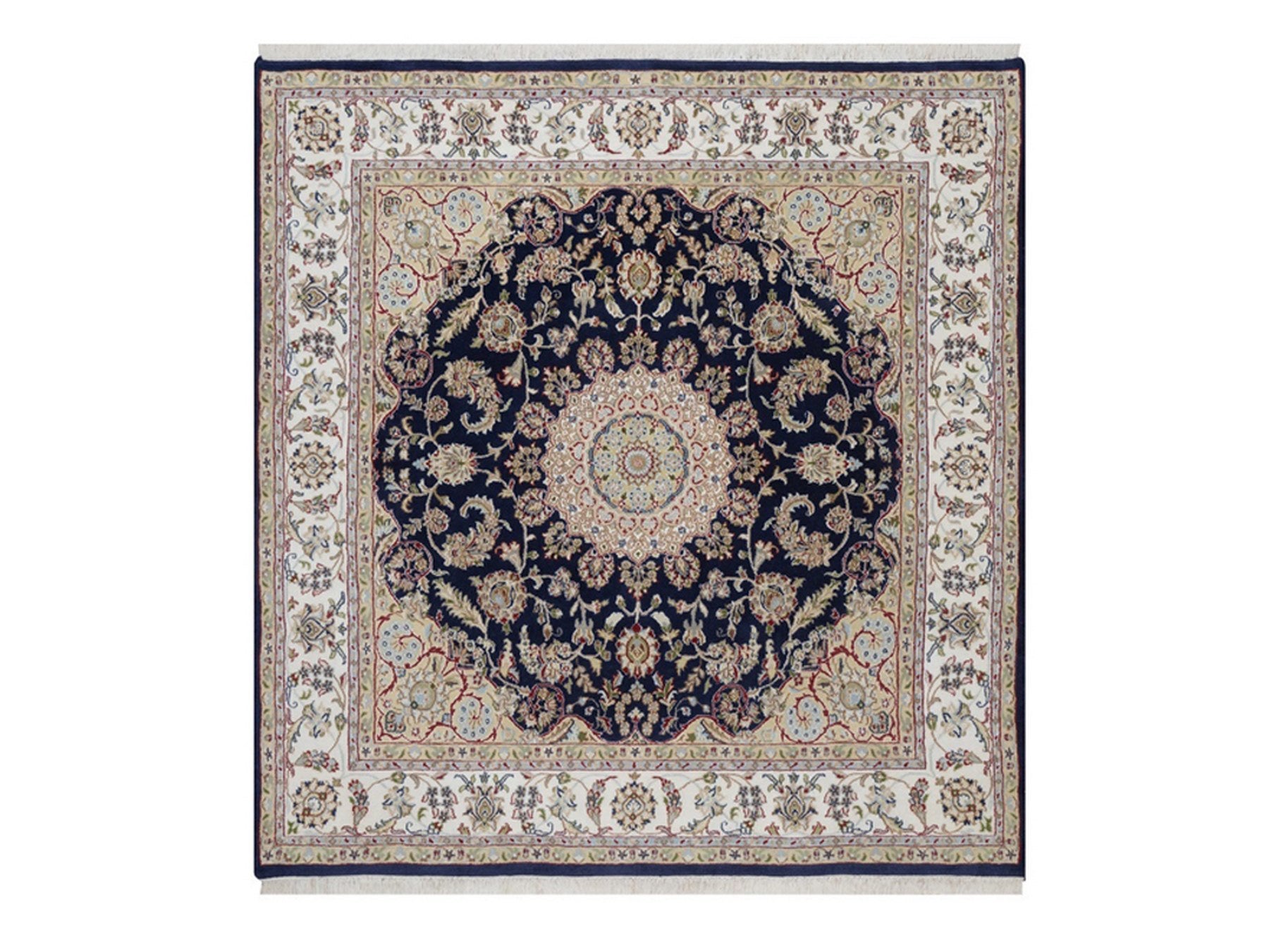 Blue 6'4" x 6'8" Fine Oriental Hand knotted Wool/Silk Rug - Sku: O092551
