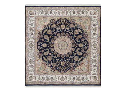 Blue 6'4" x 6'8" Fine Oriental Hand knotted Wool/Silk Rug - Sku: O092551