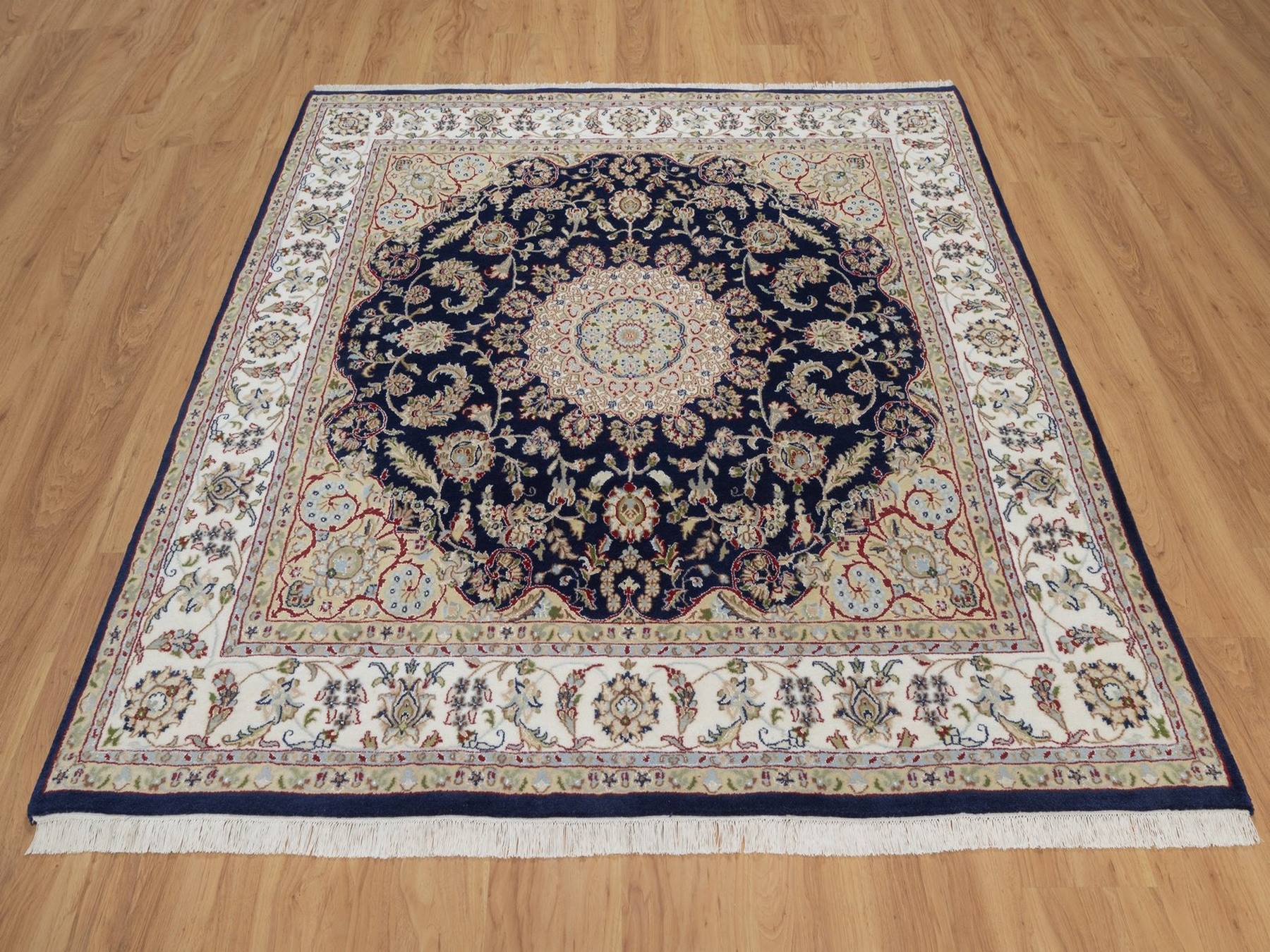 Blue 6'4" x 6'8" Fine Oriental Hand knotted Wool/Silk Rug - Sku: O092551