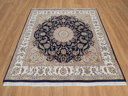 Blue 6'4" x 6'8" Fine Oriental Hand knotted Wool/Silk Rug - Sku: O092551