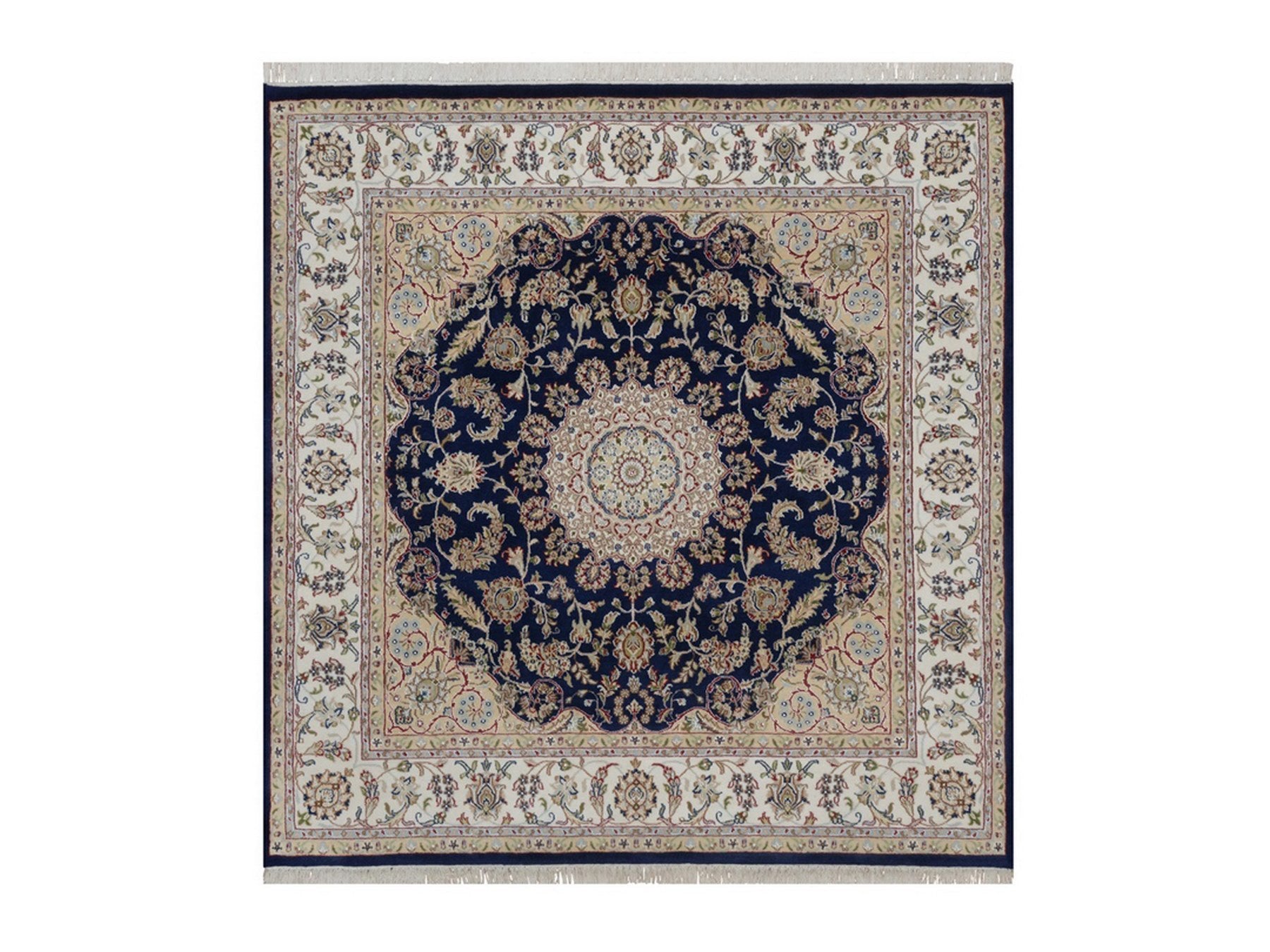 Nain Fine Oriental hand-knotted wool/silk rug in Blue & Ivory, 6'5" x 6'8" — SKU O092553