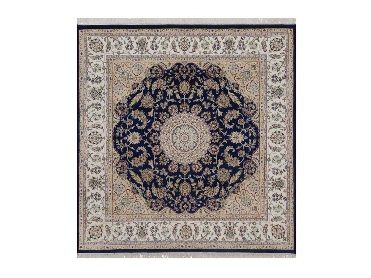 Nain Fine Oriental hand-knotted wool/silk rug in Blue & Ivory, 6'5" x 6'8" — SKU O092553
