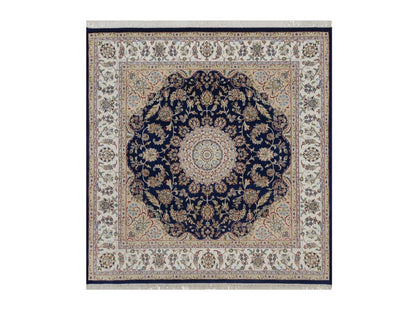 Nain Fine Oriental hand-knotted wool/silk rug in Blue & Ivory, 6'5" x 6'8" — SKU O092553