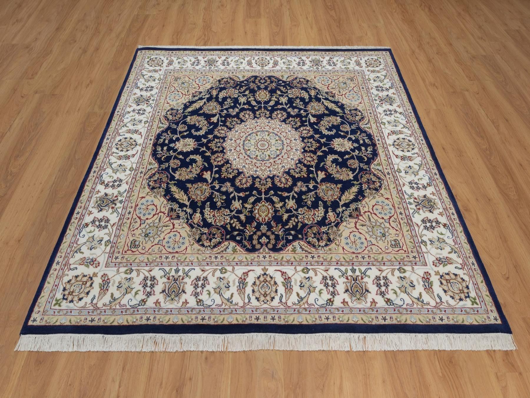 Blue 6'5" x 6'8" Fine Oriental Hand knotted Wool/Silk Rug - Sku: O092553