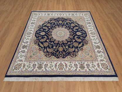 Blue 6'5" x 6'8" Fine Oriental Hand knotted Wool/Silk Rug - Sku: O092553